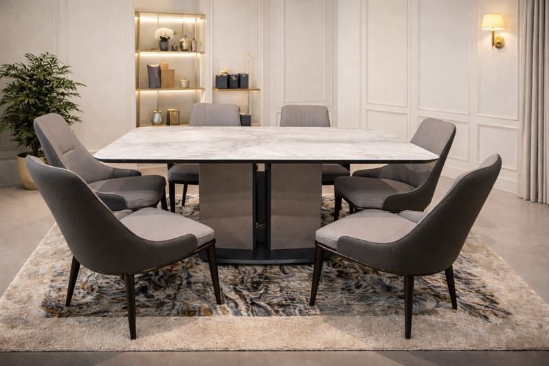 Luxury Rectangular Marble Top 6–8 Seater Dining Table Set with Contemporary Pedestal Base & Upholstered Chairs